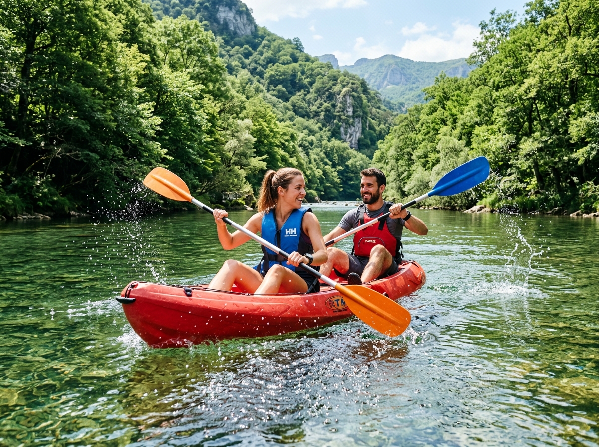 Pareja disfrutando en canoa