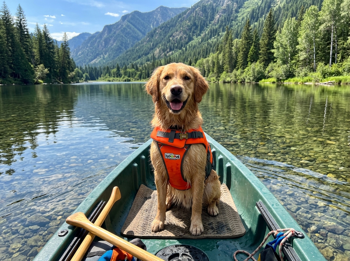 Perro en canoa en el río Sella
