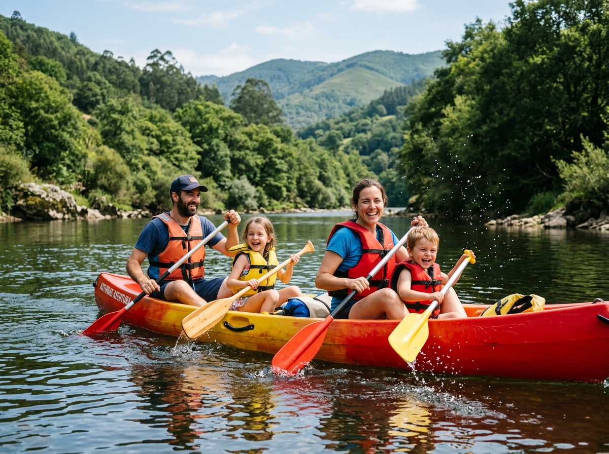 Familia con niños en canoa en el Sella